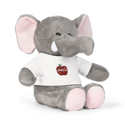 Plush elephant toy wearing a white shirt with 'JINGLE' text on an apple with a white background