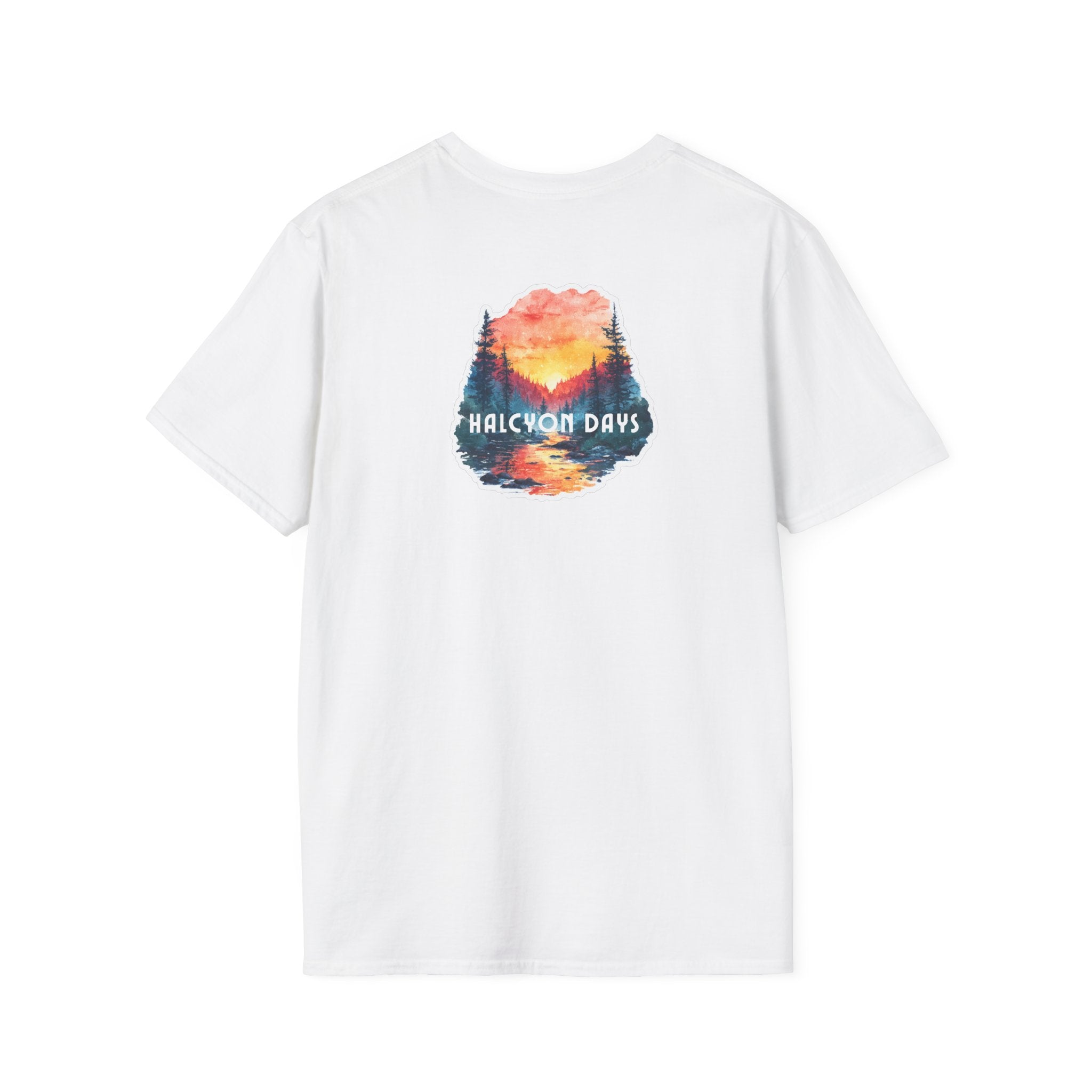 White Gildan Softstyle t-shirt with text "Halcyon Days" and mountain river graphic
