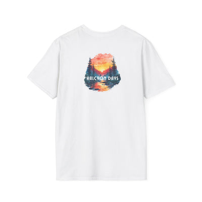 White Gildan Softstyle t-shirt with text "Halcyon Days" and mountain river graphic