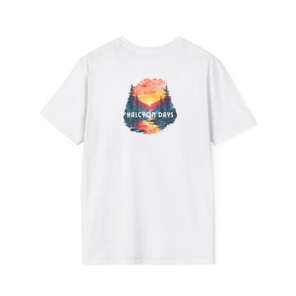 White Gildan Softstyle t-shirt with text "Halcyon Days" and mountain river graphic
