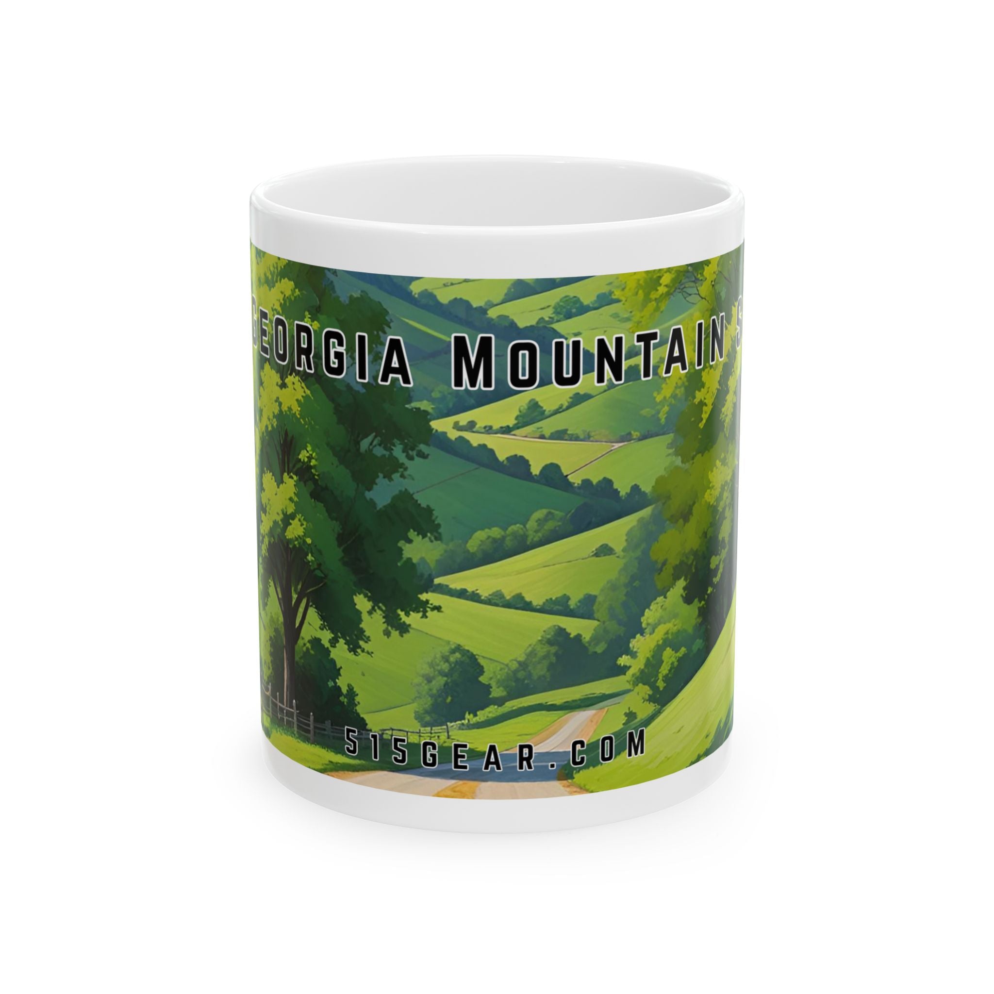 Mug with a vintage scenic design of a rural road cutting through the North Georgia Mountains in Spring by 515Gear.com