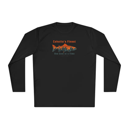 Black long-sleeve performance moisture wicking t-shirt with fishing theme saying Cohutta's Finest One Cast at a Time by 515Gear.com