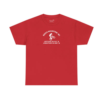 Red t-shirt with mountain bike graphic and text "Beech Mountain, NC" along with Latitude and Longitude" coordinates