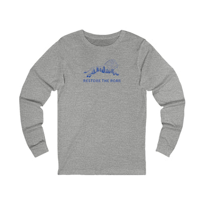 Gray long-sleeve shirt with blue graphic and text on a white background