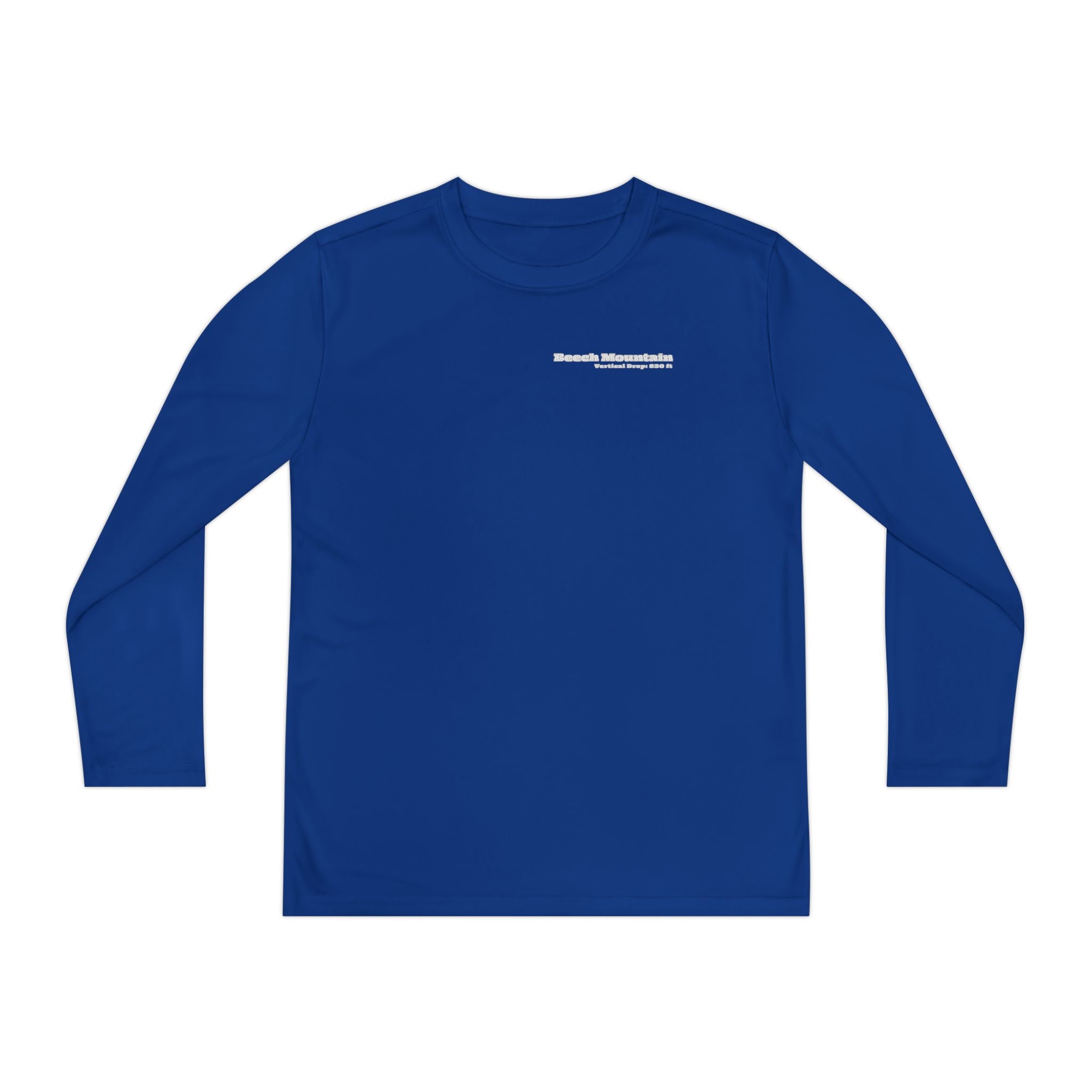 Blue long-sleeve performance t-shirt text "Little Ripper – Beech Mountain... Vertical Drop 830 ft" with snowboard graphic