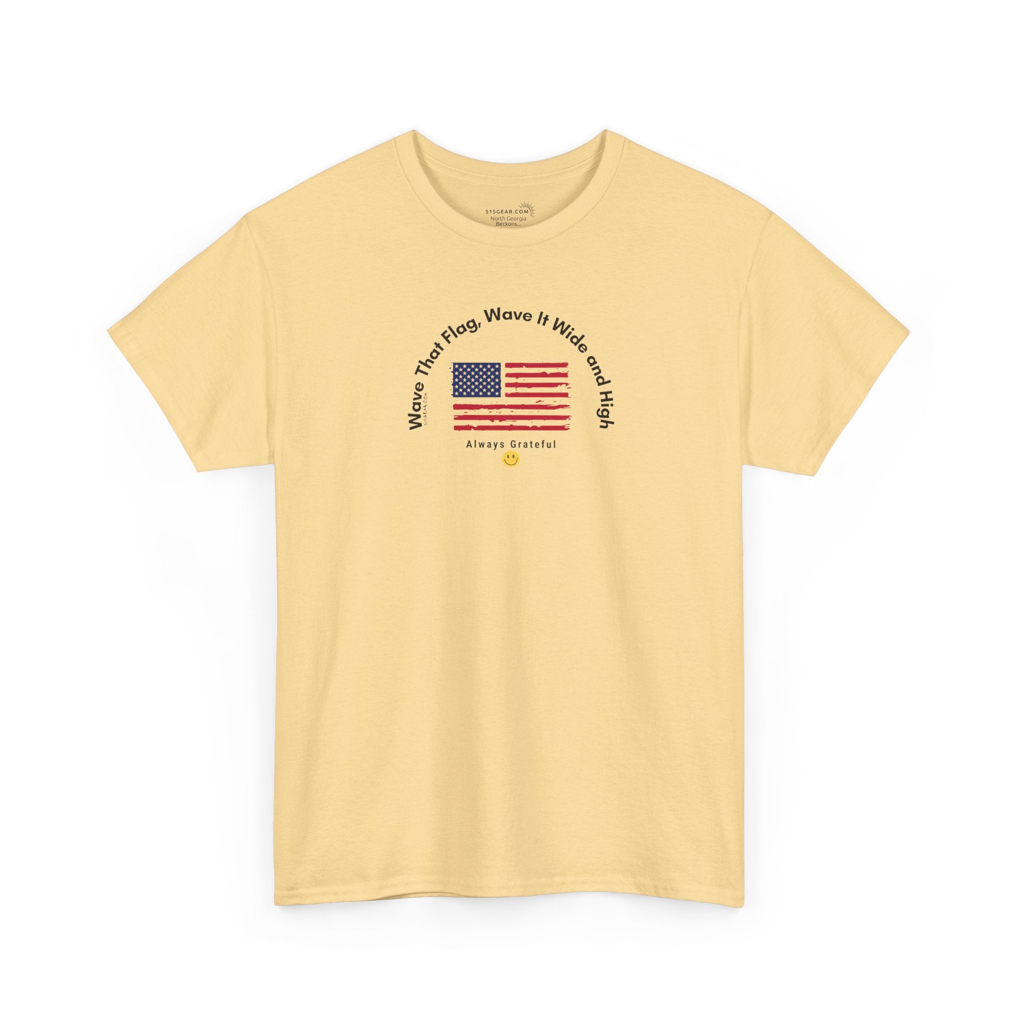 Yellow t-shirt with American flag graphic and text "Wave That Flag, Wave It Wide and High"