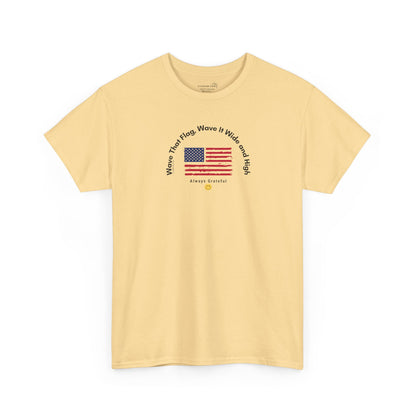 Yellow t-shirt with American flag graphic and text "Wave That Flag, Wave It Wide and High"