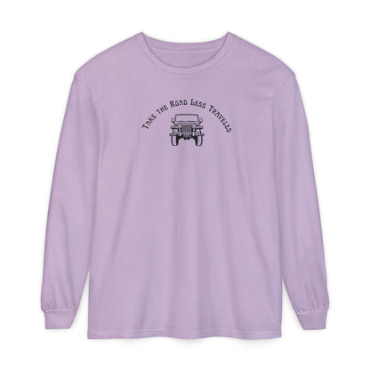 Purple long-sleeve shirt with Jeep graphic and text "Take the Road Less Traveled"