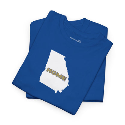 Folded blue t-shirt with State of Georgia graphic and text 'HOME' in school colors