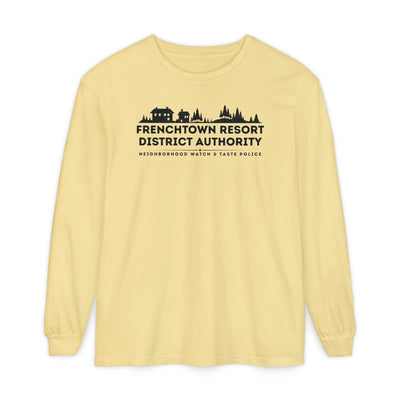 Yellow Comfort Colors long-sleeve tee with text Frenchtown Resort District Authority Neighborhood Watch & Taste Police