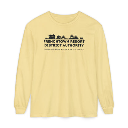 Yellow Comfort Colors long-sleeve tee with text Frenchtown Resort District Authority Neighborhood Watch & Taste Police