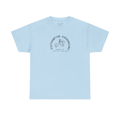Light blue t-shirt with Oyster graphic and text "Southampton Shenanigans November 2025 Privet Lives Camp Viggiano"