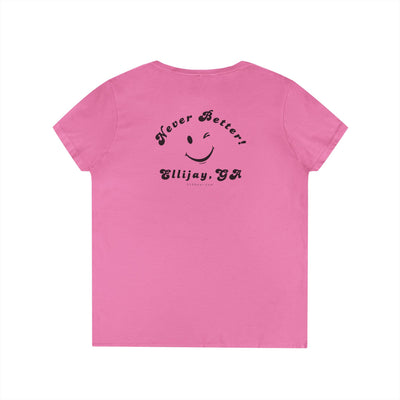 Pink women's v-neck shirt with a winking smiley face and "never better - Ellijay GA" text on the back by 515Gear.com