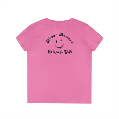 Pink women's v-neck shirt with a winking smiley face and "never better - Ellijay GA" text on the back by 515Gear.com