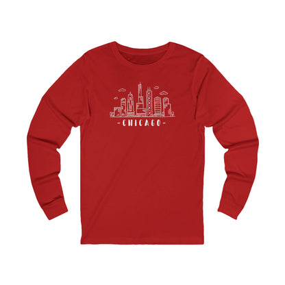 Red long-sleeve shirt with Chicago skyline graphic and text "Chicago"