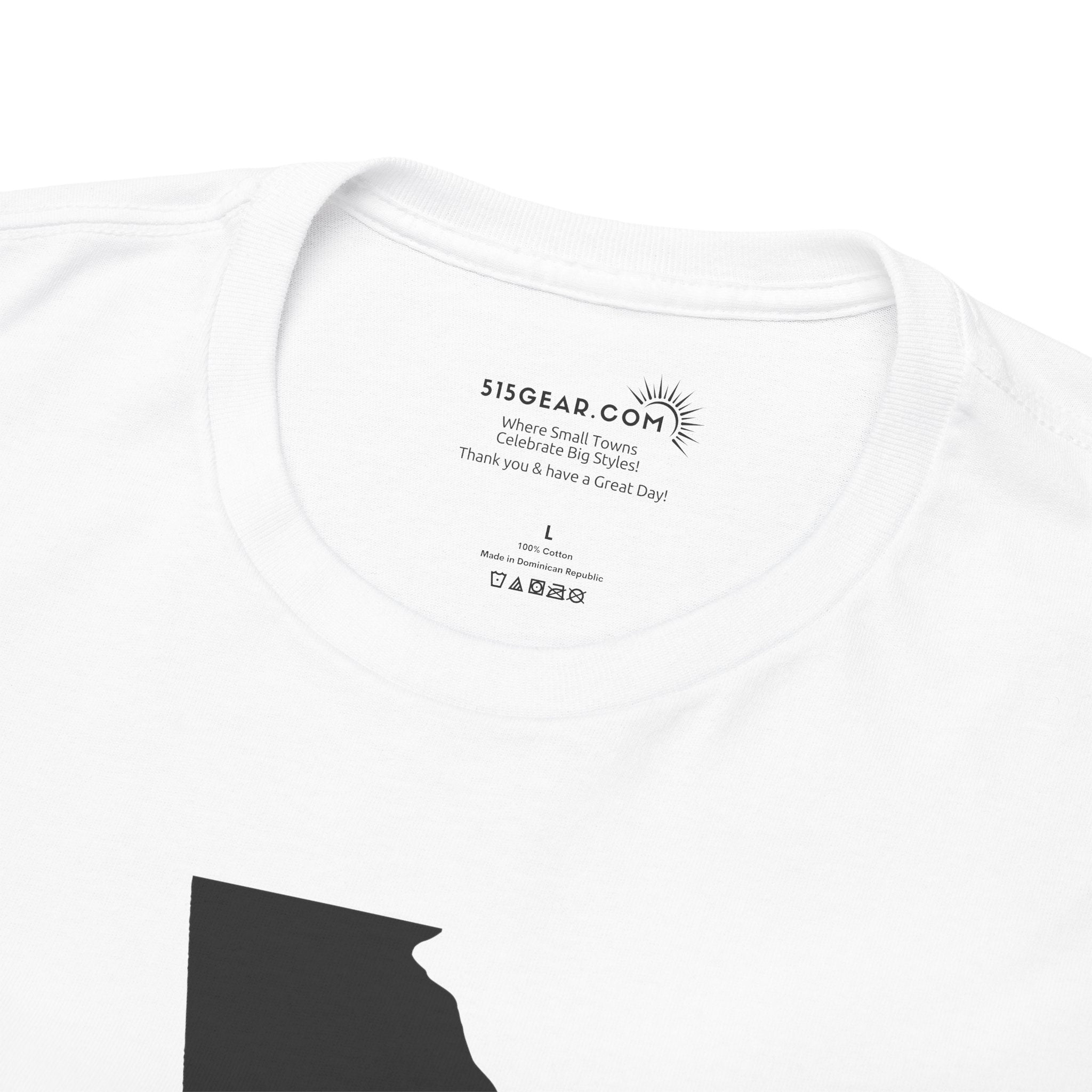 White t-shirt with black text and a logo on the chest area.