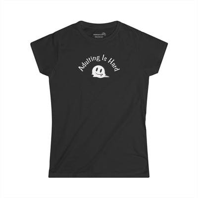 Black super soft v-neck Women's t-shirt with text Adulting is Hard and graphic of a melting smiley face