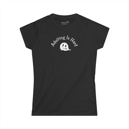 Black super soft v-neck Women's t-shirt with text Adulting is Hard and graphic of a melting smiley face