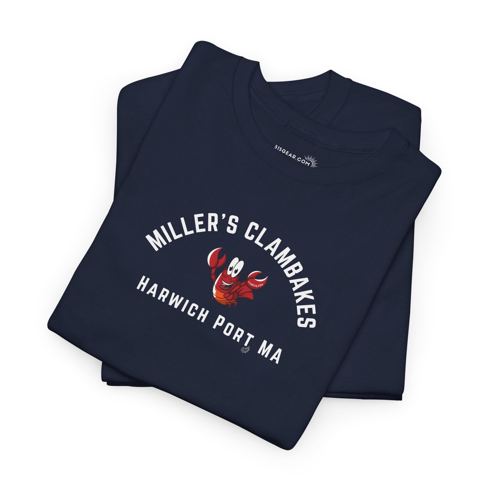 Folded navy blue t-shirt with happy lobster graphic and text 'Miller's Clambakes Harwich Port, MA'  