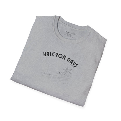 Folded gray t-shirt with 'Halcyon Days' text on a white background