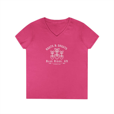 Women’s V-Neck T-shirt, Roots & Shoots, Garden shovel root leaf graphic, 515Gear.com | Blue Ridge, GA | celebrate gardening