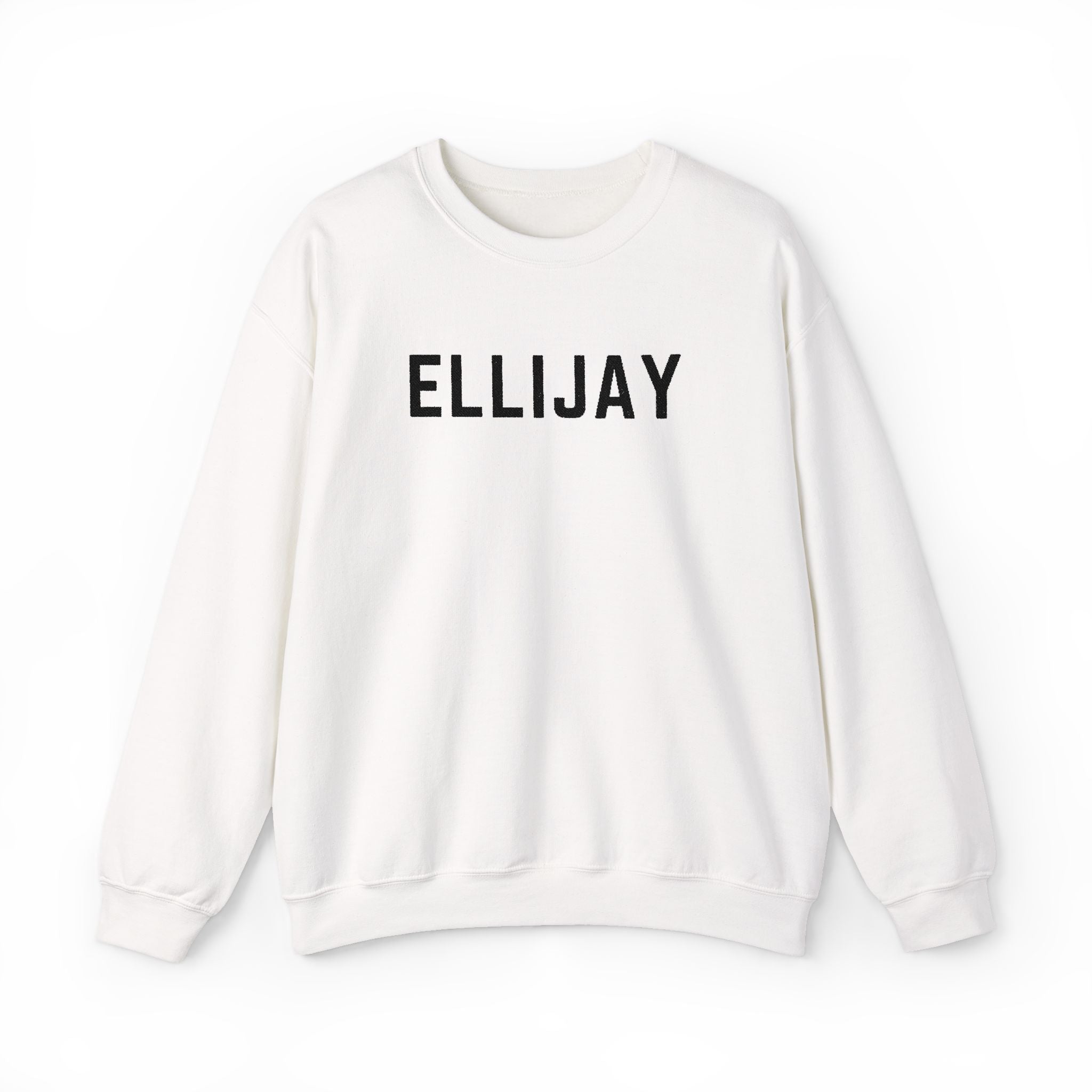 White sweatshirt with 'ELLIJAY' embroidered in black