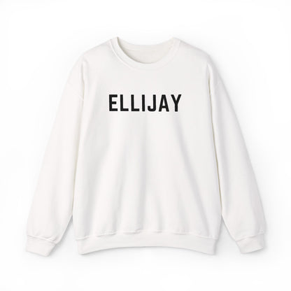 White sweatshirt with 'ELLIJAY' embroidered in black