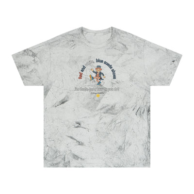 Marble-patterned t-shirt with Uncle Sam dancing and text "Red and White, Blue Suede Shoes..." 