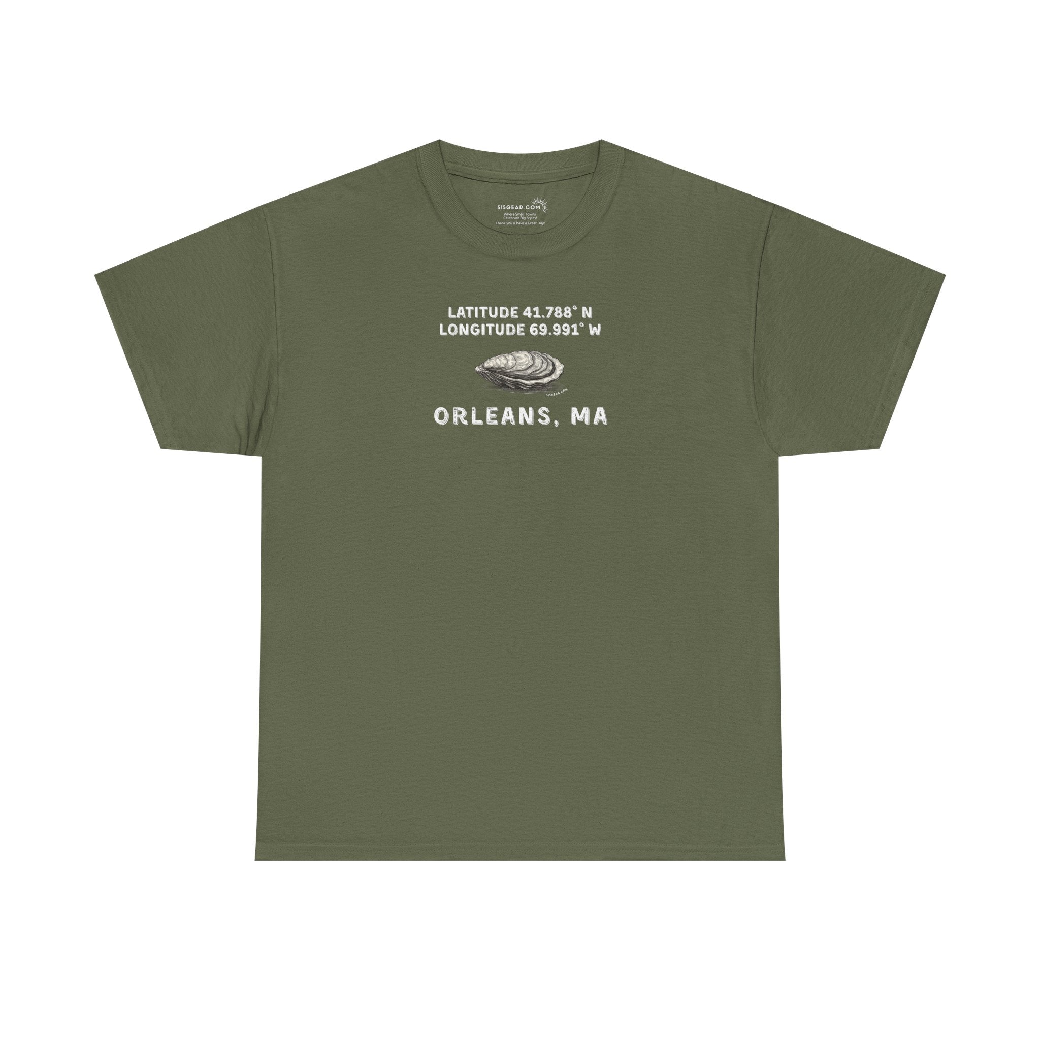 Green t-shirt with oyster graphic and rustic text "Latitude 41.788 N, Longitude 69.991 W - Orleans, MA" 