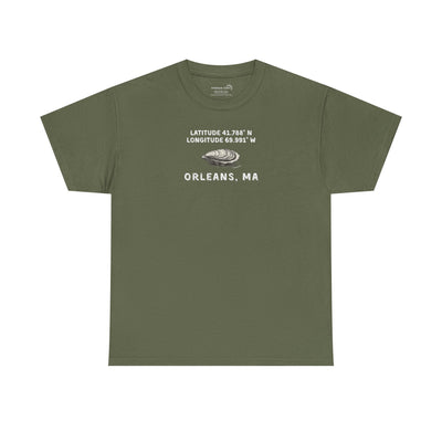 Green t-shirt with oyster graphic and rustic text "Latitude 41.788 N, Longitude 69.991 W - Orleans, MA" 
