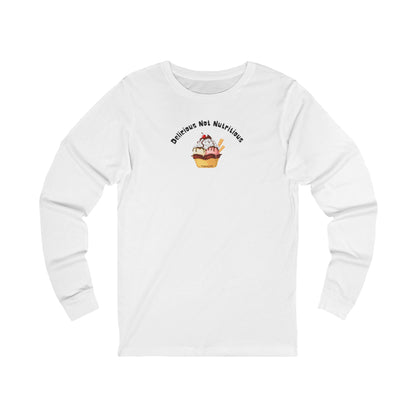 White long-sleeve T-shirt with ice cream sundae graphic and text "delicious not nutritious" by 515gear.com