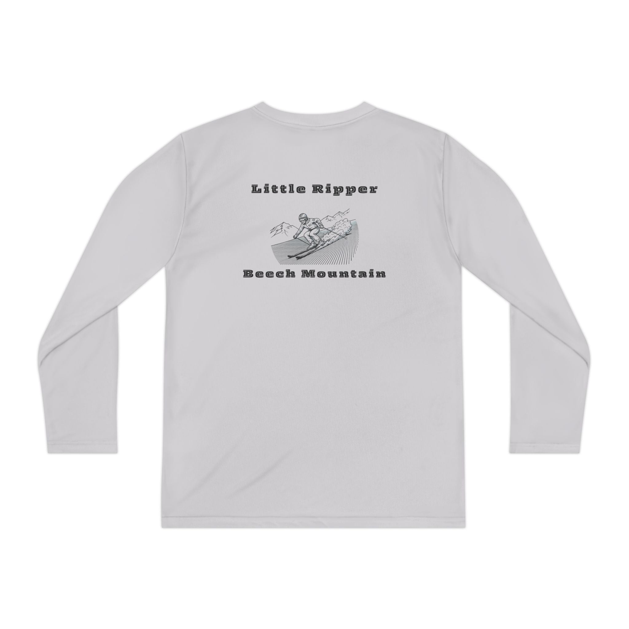 White long-sleeve performance tee with text "Little Ripper - Beech Mountain" with Skier shredding graphic on the back