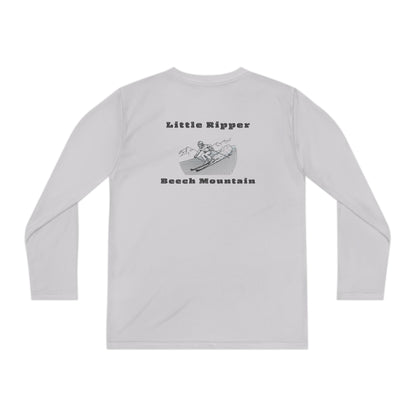 White long-sleeve performance tee with text "Little Ripper - Beech Mountain" with Skier shredding graphic on the back