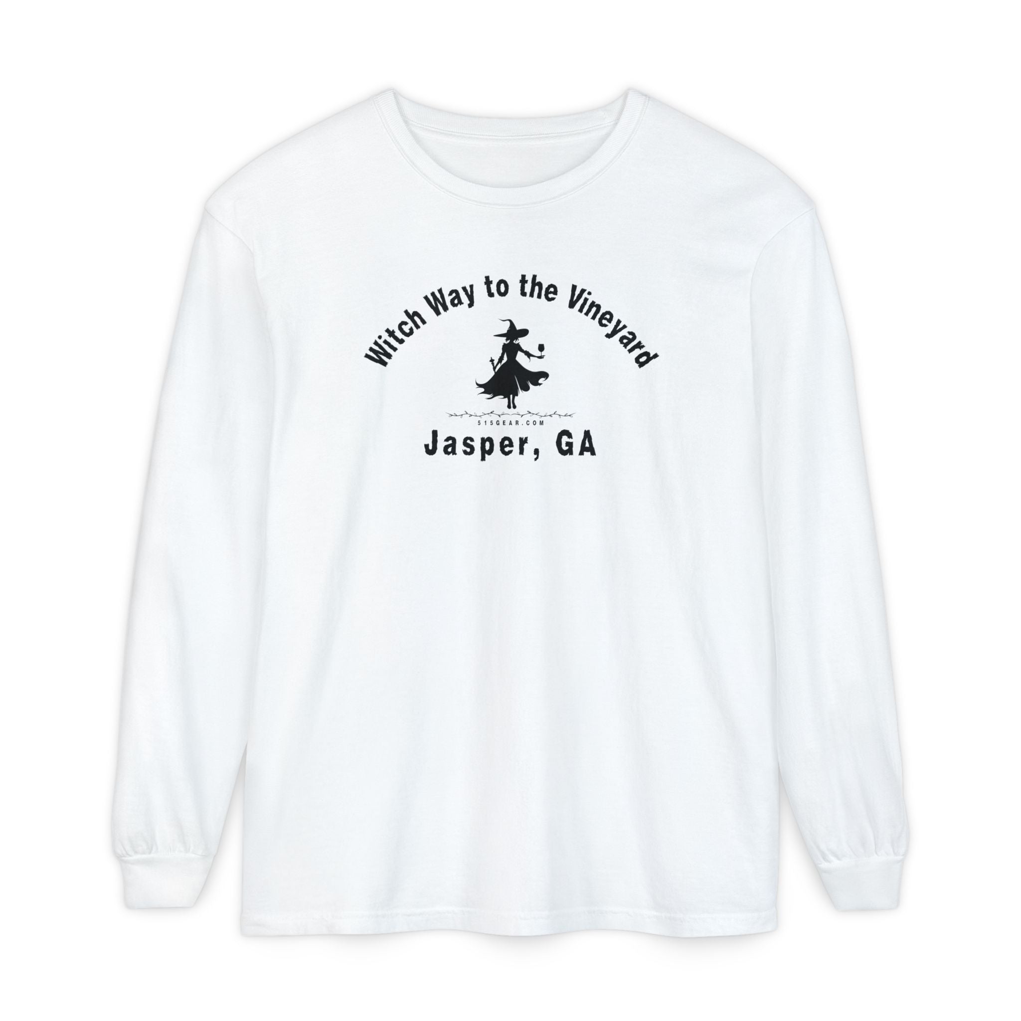 White long sleeve t-shirt with sassy witch graphic holding a glass of wine and text "Witch Way to the Vineyard - Jasper GA" by 515Gear.com