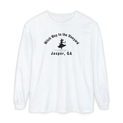 White long sleeve t-shirt with sassy witch graphic holding a glass of wine and text "Witch Way to the Vineyard - Jasper GA" by 515Gear.com