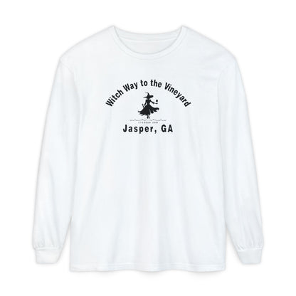 White long sleeve t-shirt with sassy witch graphic holding a glass of wine and text "Witch Way to the Vineyard - Jasper GA" by 515Gear.com