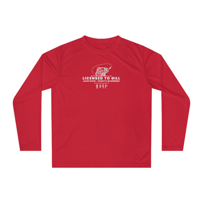 Red long-sleeve shirt with 'Licensed to Gill' text and fishing graphic on a white background