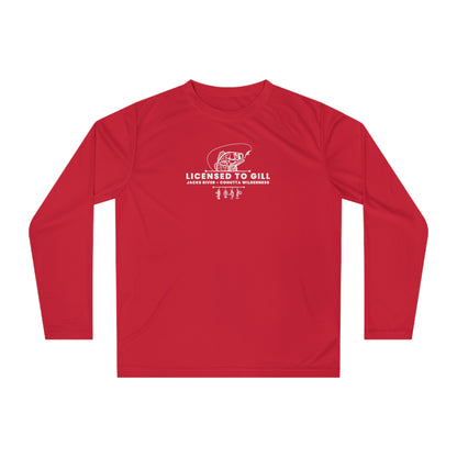 Red long-sleeve shirt with 'Licensed to Gill' text and fishing graphic on a white background