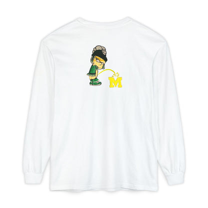 White long-sleeve shirt with cartoon Sparty peeing and text Always Spartan