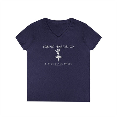 Navy Blue v-neck t-shirt with stylish woman in a dress and fancy southern hat and text "Young Harris, GA. - Little Black Dress" 