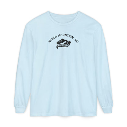 Light blue Comfort Colors long-sleeve t-shirt with 'Beech Mountain, NC - 5506 Skybar' text and mountain lift graphic