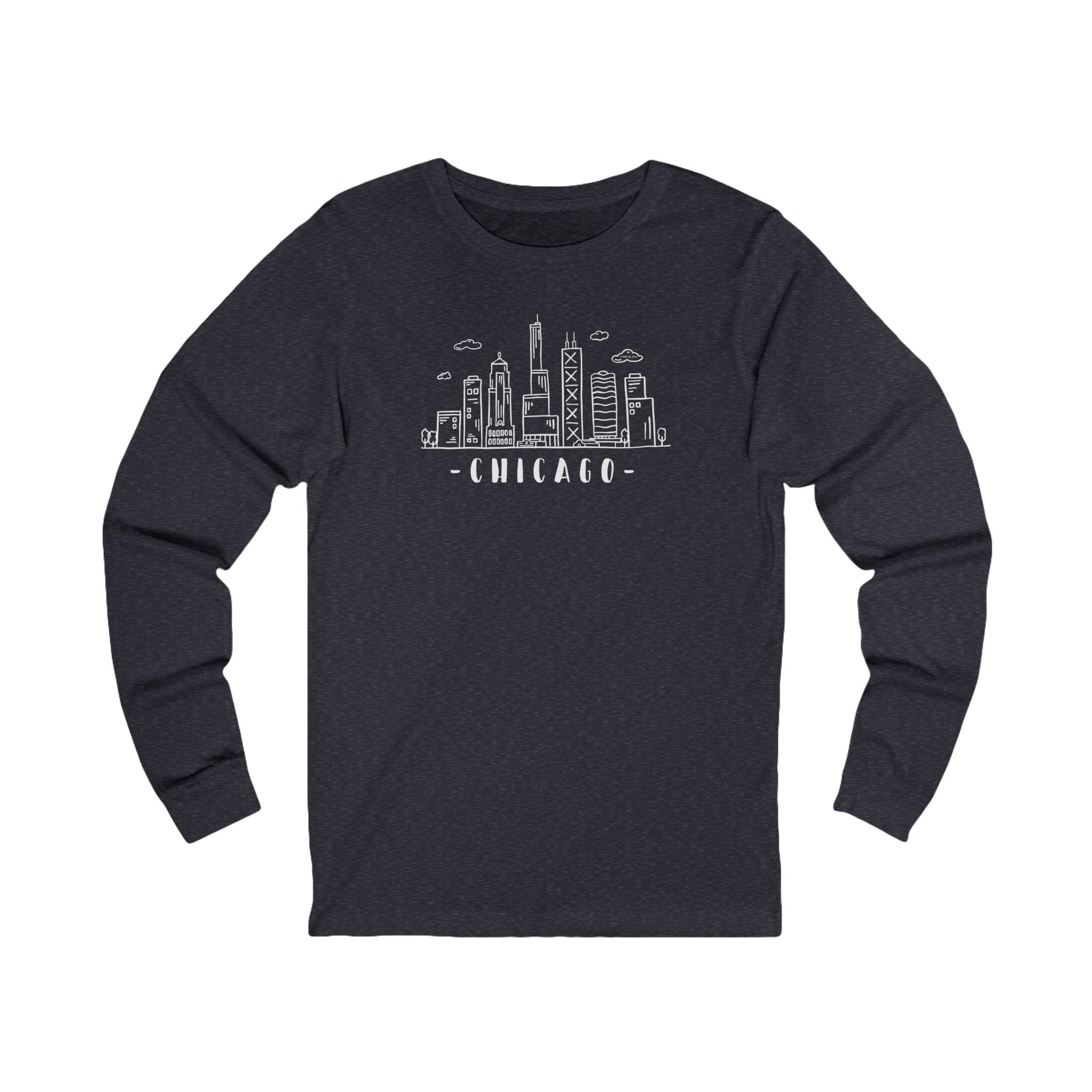 Navy long-sleeve shirt with Chicago skyline graphic and text "Chicago"