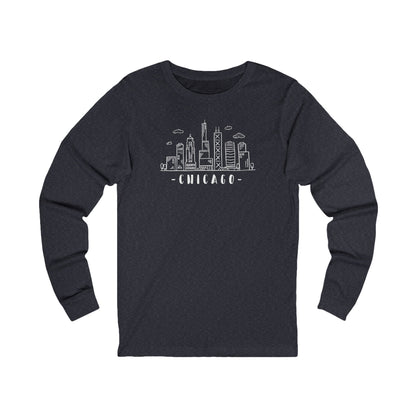 Navy long-sleeve shirt with Chicago skyline graphic and text "Chicago"