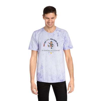 Man wearing a light purple tie-dye t-shirt with Uncle Sam dancing and text "Red and White, Blue Suede Shoes..." 
