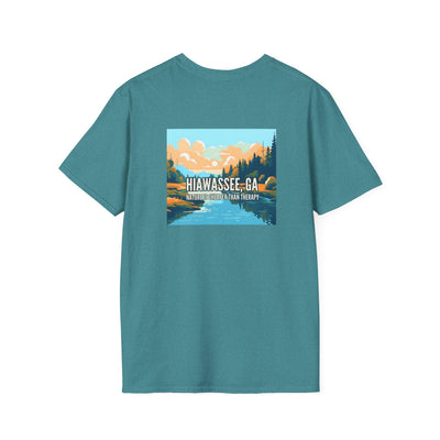 unisex adult T-shirt, Mountain Scene Graphic, by 515Gear.com | Hiawassee, GA | Nature is Cheaper than Therapy