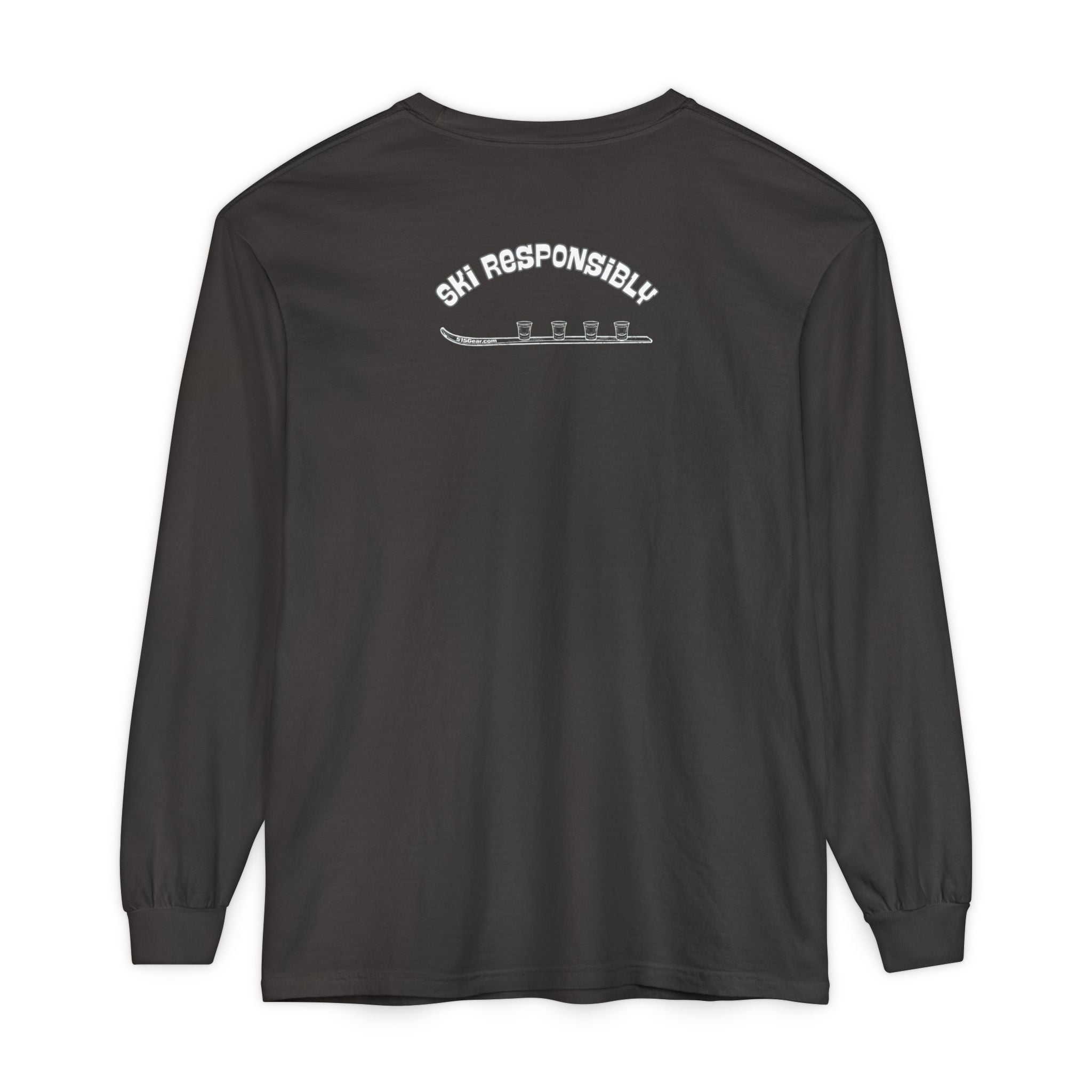 Black long-sleeve shirt with 'Ski Responsibly' text and shotski graphic