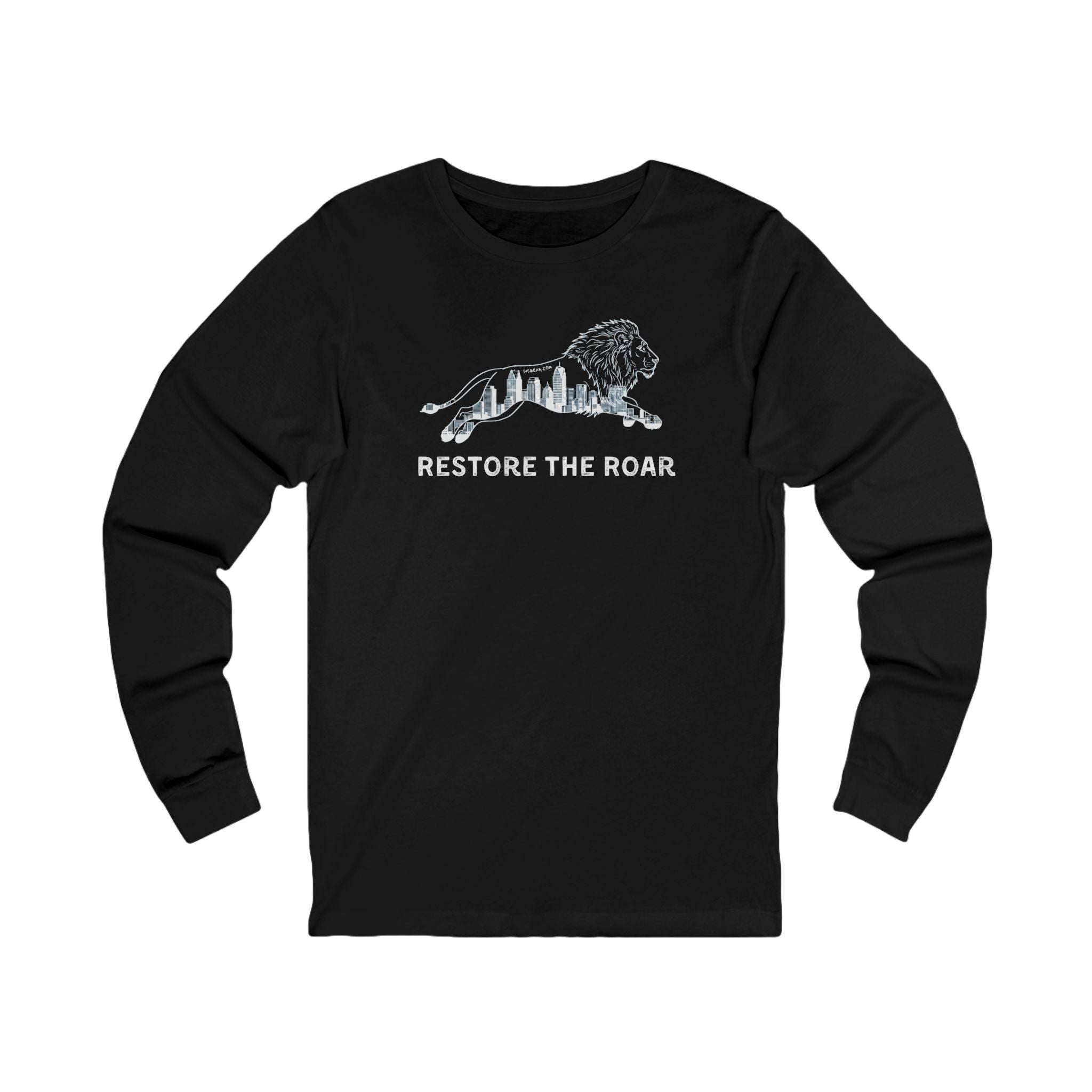 Black long-sleeve shirt with a white lion graphic and 'Restore the Roar' text on a white background
