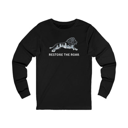 Black long-sleeve shirt with a white lion graphic and 'Restore the Roar' text on a white background