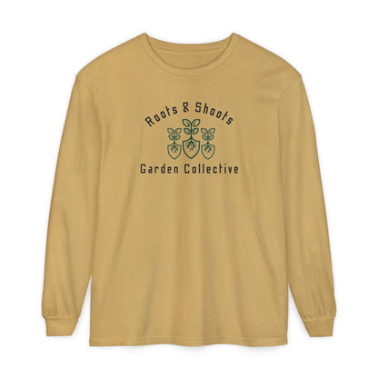 Mustard long-sleeve shirt with 'Roots & Shoots Garden Collective' logo on a white background
