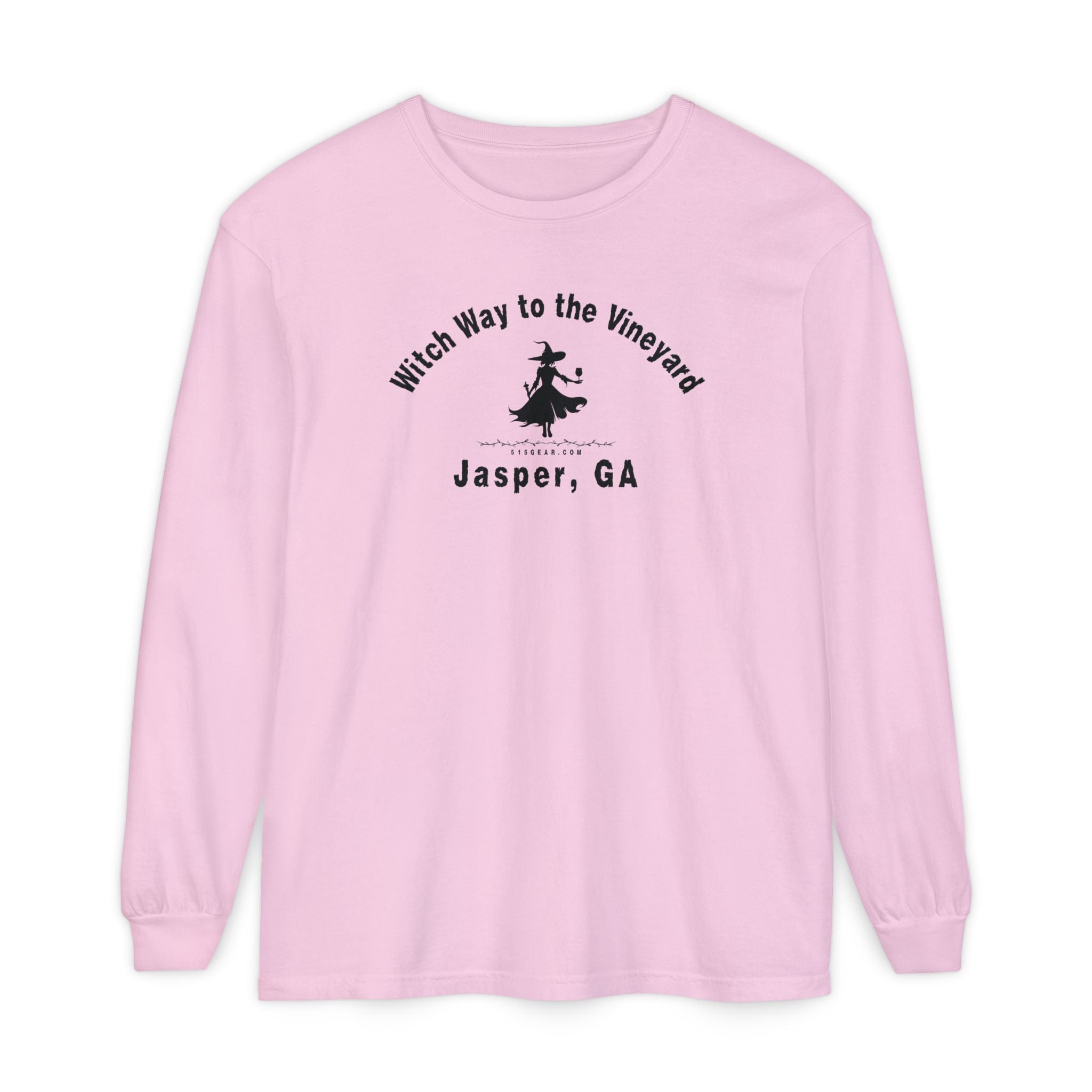 Pink long sleeve t-shirt with sassy witch graphic holding a glass of wine and text "Witch Way to the Vineyard - Jasper GA" by 515Gear.com